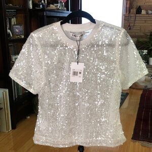 GREY LAB White Sequin Short-Sleeve Crewneck Top